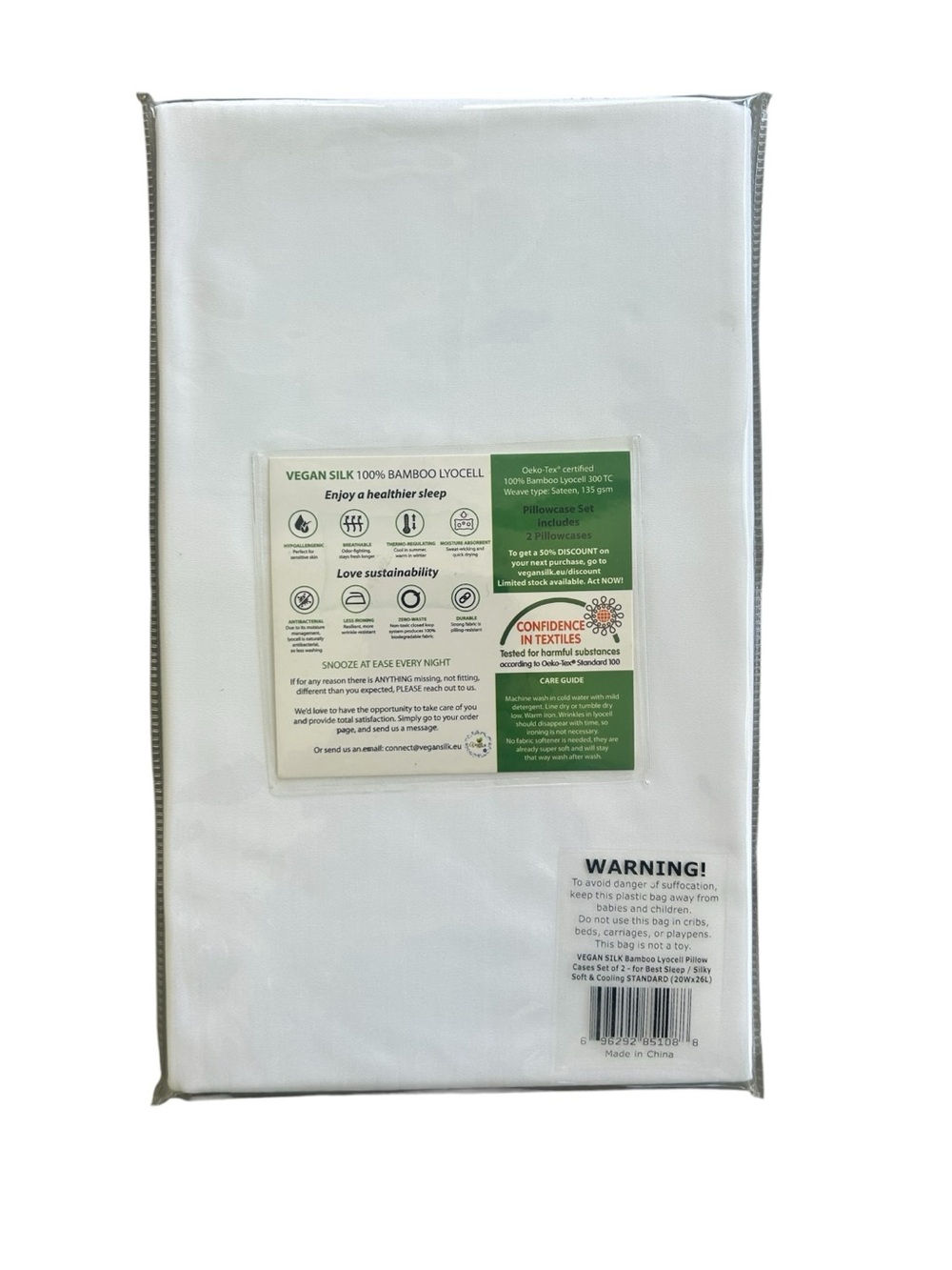 NEW Vegan Silk Pillow Cases Set of 2 Standard Size White Silky Soft and Cooling